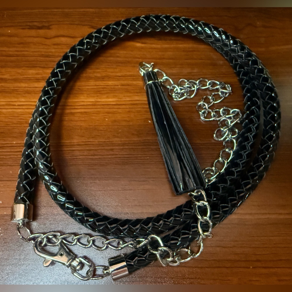 Lane Bryant Black Braided Belt with Silver Chain & Tassel Accent